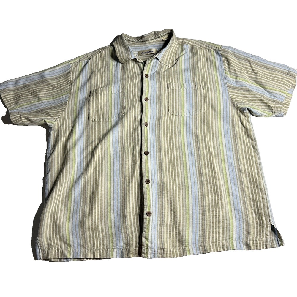 Tommy Bahama Silk Shirt Mens Size XL Striped Beach Resort Travel Comfort
